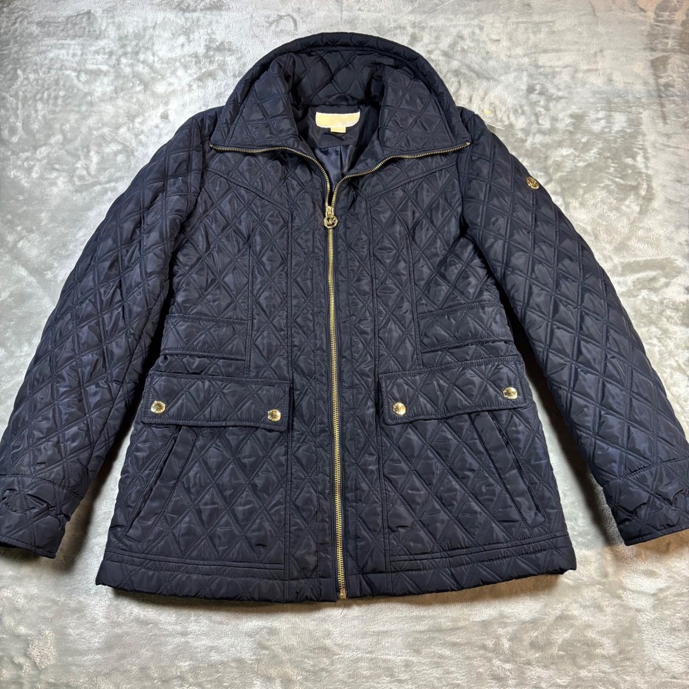 Michael Kors Womens Navy Blue Quilted Barn Jacket Gold Hardware M 127702